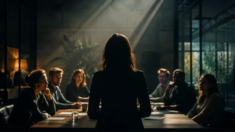Dark photo of people around a boardroom table. They don't have psychological safety.
