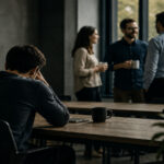 Lonely man in office where other people are happy and friendly to each other.