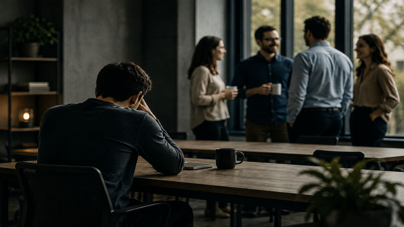 Lonely man in office where other people are happy and friendly to each other.