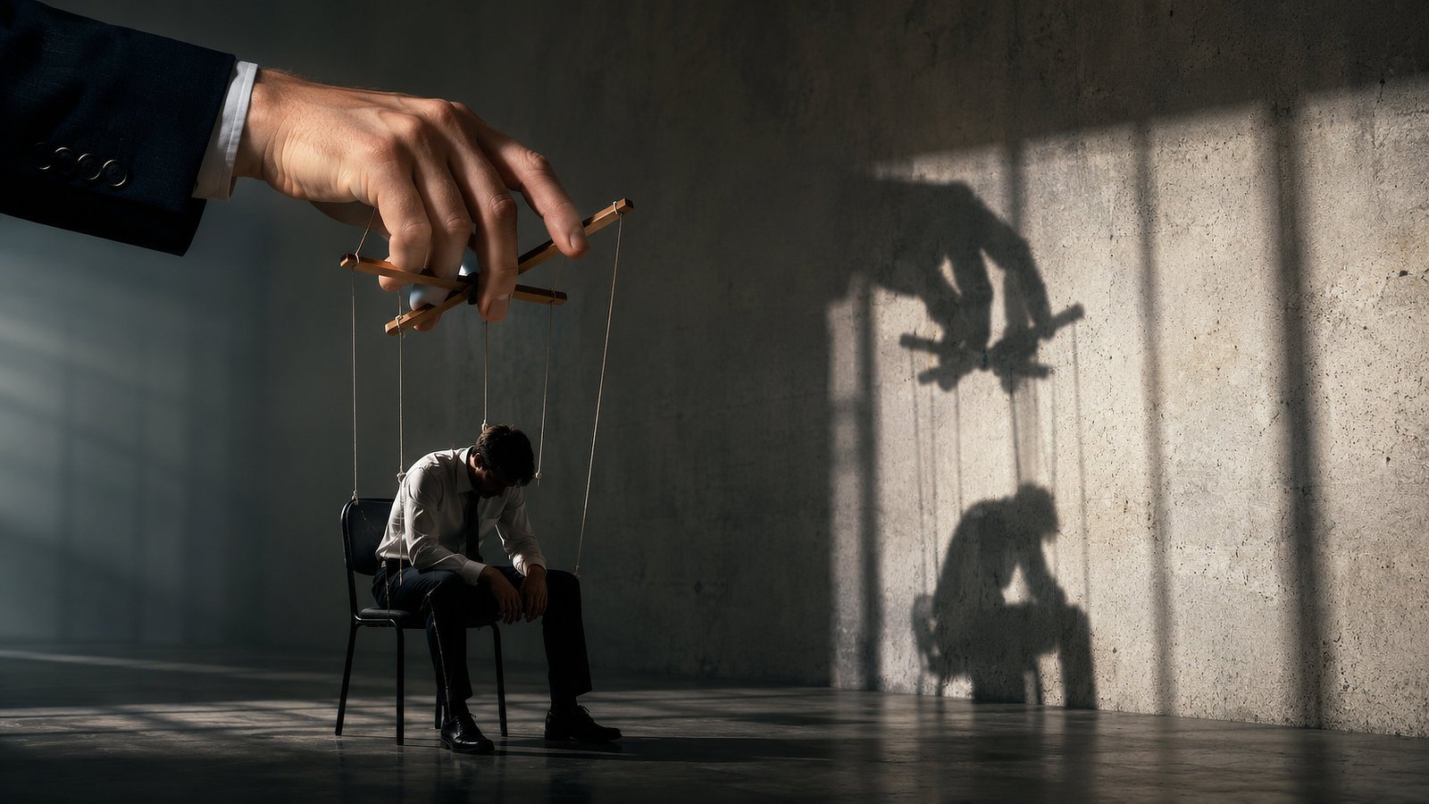 Man being used as a string puppet by his boss.