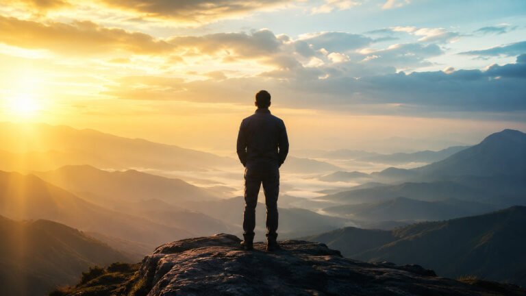 Man looking out over mountains